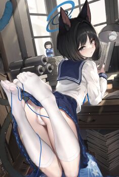 1girl absurdres animal_ear_fluff animal_ears ass black_eyes black_hair blue_archive blue_sailor_collar blue_skirt blush book book_stack cat_ears cat_girl cat_tail closed_mouth commentary_request feet from_behind hair_intakes highres holding holding_book hyouta_(yoneya) indoors kikyou_(blue_archive) looking_at_viewer panties pantyshot sailor_collar scroll short_hair skirt solo tail underwear