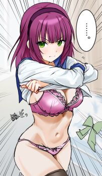 ... 1girl angel_beats! black_hairband blue_sailor_collar blush bow bra breasts cleavage clothes_lift green_eyes hairband long_sleeves medium_breasts medium_hair nakamura_yuri navel panties pink_bra pink_panties purple_hair sailor_collar shirt shirt_lift stomach thighs underwear undressing unworn_bow white_shirt zenoo