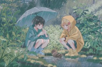 2boys alternate_costume antenna_hair basil_(faraway)_(omori) basil_(omori) black_eyes black_hair black_shorts blonde_hair blue_boots blue_eyes blush boots bush closed_mouth coat collarbone double-parted_bangs double_fish037 flower green_coat hair_between_eyes hair_flower hair_ornament highres holding holding_umbrella hood hood_up long_sleeves male_focus multiple_boys omori outdoors puddle rain raincoat ripples rubber_boots short_hair shorts sidelocks smile snail socks squatting sunny_(omori) umbrella white_socks yellow_boots yellow_coat