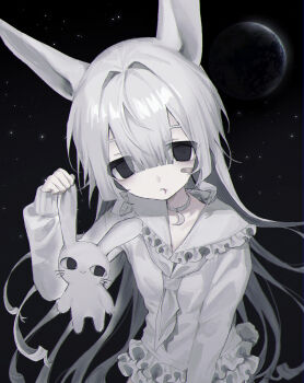 1girl animal_ears bandaid bandaid_on_cheek bandaid_on_face black_eyes blood blood_from_mouth earth_(planet) film_grain frilled_shirt_collar frilled_skirt frills hayu_(hayu0305) highres holding long_sleeves looking_at_viewer neckerchief original planet rabbit rabbit_ears rabbit_girl shirt skirt space upper_body white_hair white_neckerchief white_shirt