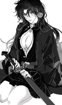 Rule 34 | 1girl, auauko123, black dress, black hair, black robe, breasts, cleavage cutout, clothing cutout, curtained hair, dress, full body, gear earrings, genderswap, genderswap (mtf), greyscale, hair between eyes, highres, holding, holding sword, holding weapon, long hair, looking at viewer, monochrome, narrowed eyes, official alternate costume, omniscient reader's viewpoint, robe, seiza, serious, sitting, sword, weapon, yoo joonghyuk