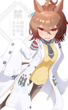 1girl absurdres agnes_tachyon_(tach-nology)_(umamusume) agnes_tachyon_(umamusume) ahoge animal_ears black_necktie black_pantyhose blush breasts brown_hair chemical_structure coat commentary_request cork earrings hair_between_eyes highres horse_ears horse_girl horse_tail jewelry lab_coat long_sleeves looking_at_viewer medium_hair necktie open_mouth pantyhose red_eyes setsuzan_uma shirt short_necktie single_earring sleeves_past_fingers sleeves_past_wrists smile solo sweater sweater_vest tail test_tube umamusume white_coat wolf_cut yellow_sweater yellow_sweater_vest