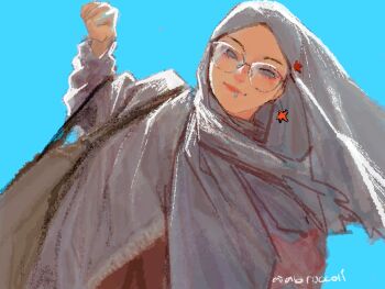 1girl ab_roccoli artist_name blue_background face_piercing glasses grey_hijab highres hijab korean_girl_in_a_gru_scarf_punching_(meme) lip_piercing lip_ring meme original piercing solo upper_body