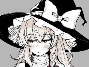 1girl black_hat black_vest blonde_hair blush bow braid closed_mouth commentary_request embarrassed grey_background hair_bow hat hat_bow hatomehonpo kirisame_marisa long_hair portrait red_bow side_braid single_braid solo touhou vest white_bow witch_hat yellow_eyes