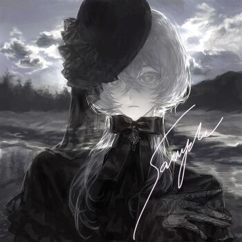 +_+ 1girl black_bow black_bowtie black_dress black_gloves bow bowtie capekachuu capelet closed_mouth cloud cloudy_sky crossed_bangs dress expressionless fishnet_gloves fishnets gem gloves goth_fashion hair_between_eyes hat highres jewelry lace lace_gloves lake long_hair looking_at_viewer mountainous_horizon one_eye_covered original outdoors pale_skin reflection sample_watermark sky solo tilted_headwear upper_body watermark white_eyes white_hair