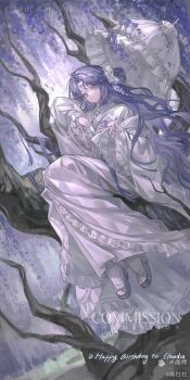 1girl absurdres bow closed_mouth commission dress facial_mark forehead_mark frilled_dress frilled_sleeves frills full_body hair_bow happy_birthday highres holding holding_umbrella huang_du_du in_tree long_hair long_sleeves original outdoors parted_bangs purple_hair purple_shoes shoes sitting sitting_in_tree socks solo tree umbrella white_bow white_dress white_socks white_umbrella wide_sleeves