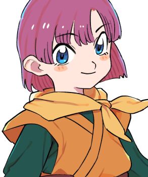 1girl blue_eyes blush_stickers chrono_trigger closed_mouth gan2 highres lucca_ashtear no_eyewear purple_hair scarf short_hair smile solo upper_body yellow_scarf