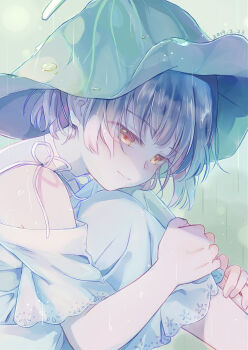 1girl brown_eyes brown_hair buji choker closed_mouth commentary_request dated dress from_side hands_on_own_legs highres hugging_own_legs knees_up leaf_hat off_shoulder original rain short_hair short_sleeves solo spaghetti_strap water_drop white_choker white_dress