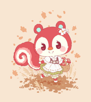 1girl animal_crossing apron artist_name autumn_leaves basket bloomers blush blush_stickers brown_background buttons closed_mouth collared_shirt commentary country_lolita dress english_commentary eyelashes falling_leaves floral_print flower fly_agaric frilled_apron frilled_sleeves frills furry furry_female grass green_bloomers green_dress hair_flower hair_ornament holding holding_basket leaf lolita_fashion looking_at_viewer mushroom nintendo pinafore_dress polka_dot polka_dot_apron polka_dot_shirt poppy_(animal_crossing) print_dress puffy_short_sleeves puffy_sleeves samantha_whitten shirt short_sleeves signature simple_background sleeveless sleeveless_dress smile solo squirrel_girl standing underwear waist_apron white_apron white_flower white_shirt