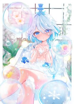 1girl absurdres bathtub blue_hair border breasts bubble collarbone commentary_request crossed_legs drop-shaped_pupils furina_(genshin_impact) genshin_impact gentilhomme_usher grey_hair heterochromia highres in_bathtub ineka_ka long_hair looking_at_viewer mademoiselle_crabaletta mismatched_pupils nude parted_lips small_breasts soap_bubbles solo surintendante_chevalmarin symbol-shaped_pupils white_border