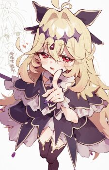 Rule 34 | 1girl, antenna hair, black capelet, blonde hair, brooch, capelet, commentary request, cure arcana shadow, diamond hairband, frilled capelet, frilled cuffs, frills, hair intakes, heart, heart brooch, holding, holding rod, index finger raised, jewelry, long hair, magical girl, meitantei precure!, moria luluka, nail polish, precure, purple veil, rimukoro, rod, solo, tear arcana rod, veil, white background