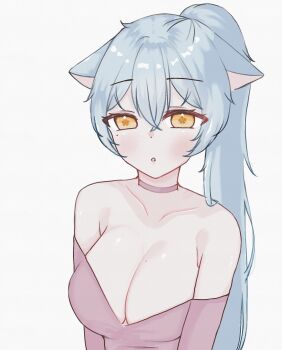 1girl 2024 absurdres animal_ears bada_neko badaneko_art blue_hair breasts cat_ears cat_girl choker clavicles dress highres indie_virtual_youtuber large_breasts long_hair purple_choker purple_dress self-portrait solo white_background yellow_eyes