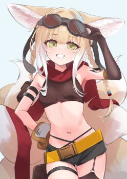 1girl :d animal_ears arknights arm_up asymmetrical_gloves bare_shoulders black_shorts blonde_hair blue_background blush braid breasts brown_gloves cowboy_shot crop_top elbow_gloves gloves goggles goggles_on_head green_eyes grin highres loli long_hair looking_at_viewer material_growth mismatched_gloves multiple_tails navel o-ring official_alternate_costume open_mouth oripathy_lesion_(arknights) paid_reward_available red_scarf scarf short_shorts shorts simple_background single_elbow_glove sleeveless small_breasts smile solo standing suzuran_(arknights) suzuran_(lostlands_flowering)_(arknights) tail thigh_strap twin_braids uneven_gloves variant_set white_hair white_tail yakurope-moko yellow_gloves yellow_tail