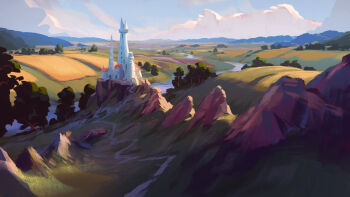 blue_sky building cloud commentary day english_commentary farm field grasslands highres hill landscape mountain no_humans original outdoors painterly painting_(medium) philipp_urlich river road scenery sky sunlight tower traditional_media tree water