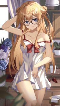 Rule 34 | 1girl, @shun, blue eyes, chemise, closed mouth, flower, glasses, hand up, highres, indoors, long hair, neon genesis evangelion, orange hair, solo, souryuu asuka langley, white chemise