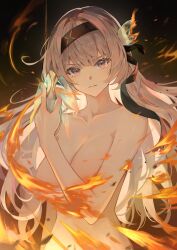 Rule 34 | 1girl, black bow, black hair, black hairband, blue eyes, bow, breasts, burning, closed mouth, collarbone, commentary, completely nude, crying, crying with eyes open, fire, firefly (honkai: star rail), glint, hair between eyes, hair bow, hair intakes, hairband, hand up, henshin, highres, holding, honkai: star rail, honkai (series), hyonee, large breasts, long hair, looking at viewer, nude, orange eyes, sidelocks, solo, standing, symbol-only commentary, tears, two-tone eyes, upper body, white hair