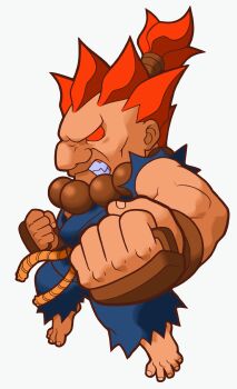 Rule 34 | 1boy, akuma (street fighter), angry, barefoot, beads, chibi, clenched hands, clenched teeth, dougi, fingerless gloves, from side, game cg, gloves, highres, maeda shima, male focus, mma gloves, muscular, muscular male, non-web source, official art, pocket fighter, prayer beads, red eyes, red hair, rope belt, simple background, solo, teeth, topknot, torn clothes, torn sleeves, white background