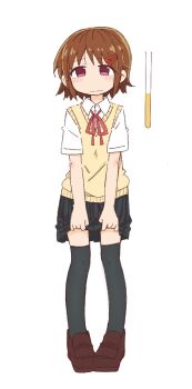 1girl black_thighhighs blue_skirt blush brown_hair brown_shoes closed_mouth collared_shirt female_focus flat_chest full_body hair_ornament hairclip have_to_pee large_variant_set looking_at_viewer miniskirt neck_ribbon original pigeon-toed pleated_skirt ponnu_(tnpn2yw) red_eyes red_ribbon ribbon school_uniform shirt shoes short_hair short_sleeves sidelocks simple_background skirt skirt_hold solo split_mouth standing sweater_vest thighhighs urine_meter variant_set vest white_background white_shirt yellow_vest zettai_ryouiki