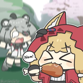 Rule 34 | > <, 2girls, animal ears, arknights, arknights: endfield, artist name, blonde hair, chibi, commentary, english commentary, food, grey hair, highres, multiple girls, rossi (arknights), tail, tangtang (arknights), tiger ears, tiger girl, tiger tail, twitter username, underdatv, wolf ears, wolf girl