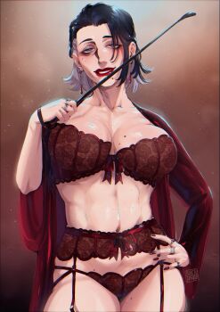 1girl abs absurdres aquiline_nose blackberreh-art bra breasts collarbone crow&#039;s_feet earrings elias_bouchard garter_belt genderswap genderswap_(ftm) grey_hair grin highres holding jewelry large_breasts lingerie mature_female mole mole_on_breast mole_under_eye mole_under_mouth multicolored_hair navel nose panties parted_lips red_lips riding_crop ring smile the_magnus_archives two-tone_hair underwear