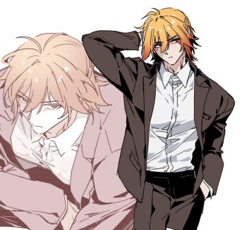 Rule 34 | 1boy, alternate costume, black jacket, black pants, blonde hair, braid, cm (tenji1352), collared shirt, commentary request, facial tattoo, gradient hair, hand in pocket, hand on own head, honkai: star rail, honkai (series), jacket, korean commentary, male focus, medium hair, multicolored hair, multiple views, mydei (honkai: star rail), open clothes, open jacket, pants, red hair, red tattoo, shirt, side braid, tattoo, white shirt, yellow eyes