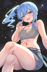 Rule 34 | 1girl, absurdres, aoi zerii, bare shoulders, black choker, blue eyes, blue hair, blue ribbon, blush, breasts, choker, hair between eyes, hair ribbon, highres, hololive, hoshimachi suisei, looking at viewer, medium breasts, medium hair, navel, open mouth, ribbon, side ponytail, smile, solo, star (symbol), star in eye, symbol in eye, thighs, virtual youtuber, wet