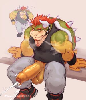 1boy absurdres bara black_tank_top bowser chest_hair commentary cum ejaculation english_commentary erection facial_hair foreskin foreskin_insertion furry furry_male girthy_penis goatee highres horns huge_penis huge_testicles kawaakumma male_focus mario_(series) multiple_views muscular muscular_male nintendo pants penis penis_out red_hair reptile_boy running sitting solo sound_effects spiked_shell sweat sweatpants tank_top testicles variant_set veins veiny_penis wristband