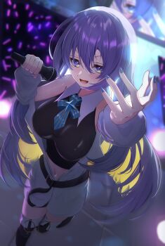 1girl blonde_hair blush breasts colored_inner_hair crop_top gradient_hair hair_between_eyes highres hololive hololive_indonesia jacket jewelry large_breasts long_hair looking_at_viewer microphone moona_hoshinova moona_hoshinova_(1st_costume) multicolored_hair navel nmhdtnr1 open_mouth purple_eyes purple_hair shirt solo stage starry_hair sweat two-tone_hair virtual_youtuber white_jacket