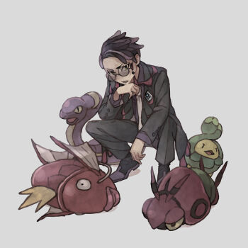 Rule 34 | 1boy, absurdres, black coat, black hair, black pants, black shoes, budew, coat, commentary request, corbeau (pokemon), ekans, gen 1 pokemon, gen 4 pokemon, gen 5 pokemon, glasses, grey background, hand up, highres, ichi kawa ichi, long sleeves, magikarp, male focus, necktie, nintendo, open mouth, pants, pokemon, pokemon (creature), pokemon legends: z-a, round eyewear, shoes, short hair, squatting, venipede
