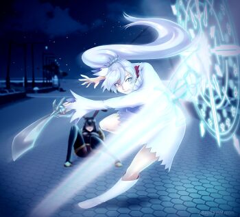 2girls animal_ears armor_gigas black_bodystocking blue_eyes bodystocking boots clenched_teeth dress faceless faceless_female floating_hair glyph high_ponytail highres holding holding_sword holding_weapon long_hair looking_at_viewer lying multiple_girls myrtenaster night on_back outdoors ponytail protecting rabbit_ears rabbit_girl rwby scar scar_across_eye scar_on_face sky snowflakes summoning sword teeth v-shaped_eyebrows velvet_scarlatina very_long_hair weapon weiss_schnee white_boots white_dress yaya_(y8ay8a)