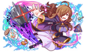 1girl ahoge anime_coloring artist_request bat_wings black_pantyhose black_shoes blush breasts corked_bottle crash_fever disembodied_head dot_nose dress dullahan ear_covers erlenmeyer_flask flask floating_hair full_body game_cg glowing glowing_eye hair_over_one_eye head_only helmet huge_breasts jar kono_subarashii_sekai_ni_shukufuku_wo! light_brown_hair light_particles long_hair long_sidelocks number_print numbered official_art one-eyed open_mouth outline outstretched_arm pantyhose pitcher_(container) plus_sign_ornament purple_dress purple_robe purple_sleeves pyramid_(structure) red_outline robe robe_hold shoes sidelocks solo sparkle square square_print star_ornament tachi-e third-party_source transparent_background verdia very_long_hair wavy_hair wing_ornament wings wiz_(konosuba) worried yellow_eyes yellow_trim