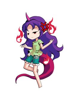 Rule 34 | 1girl, barefoot, breasts, chibi, chibi only, commentary request, dairi, full body, green shirt, green shorts, horns, large variant set, long hair, pink horns, purple hair, red eyes, red tail, shirt, shorts, simple background, single horn, solo, tachi-e, tenkajin chiyari, test tube, touhou, transparent background, variant set, very long hair