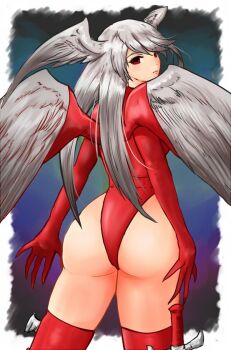 1girl angel_wings ass breasts closed_mouth final_fantasy final_fantasy_tactics gloves grey_hair head_wings highleg highleg_leotard leotard long_hair looking_at_viewer red_eyes red_leotard red_thighhighs shirokuro_ha solo thighhighs ultima_(fft) weapon white_hair wings