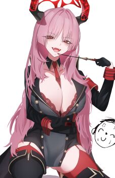 1boy 1girl absurdres almondman armband blue_archive breasts cleavage commentary demon_horns doodle_sensei_(blue_archive) halo happy highres horns large_breasts looking_at_viewer mole mole_on_breast necktie open_mouth pink_hair red_horns satsuki_(blue_archive) sensei_(blue_archive) smile
