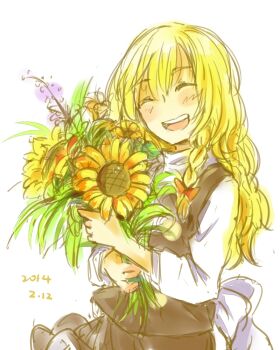 1girl back_bow bigreen black_skirt black_vest blonde_hair blush bouquet bow braid closed_eyes commentary cowboy_shot dated facing_viewer flower hair_bow holding holding_bouquet kirisame_marisa long_sleeves no_headwear open_mouth red_bow side_braid single_braid skirt solo sunflower teeth touhou upper_teeth_only vest white_bow