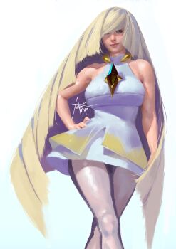 1girl alternate_breast_size aqua_eyes artist_name artnip bare_arms bare_shoulders blonde_hair blue_eyes breasts commentary crossed_legs dress english_commentary facing_viewer feet_out_of_frame female_focus hair_over_one_eye hand_on_own_hip jewelry lips long_hair looking_at_viewer lusamine_(pokemon) mature_female medium_breasts neck_ring nintendo nose pokemon pokemon_sm realistic see-through_clothes see-through_legwear short_dress signature simple_background sleeveless sleeveless_dress solo standing swept_bangs very_long_hair white_background white_dress white_legwear