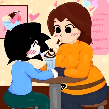 angelonce black_hair blue_shirt blush brown_hair couple drinking_straw drinking_straw_in_mouth flat_color gloves happy highres husband_and_wife looking_at_another mii_(nintendo) mii_gunner mii_gunner_(smash_4) milkshake n-sfwed nintendo oc_x_canon orange_shirt shirt shota sitting size_difference super_smash_bros.