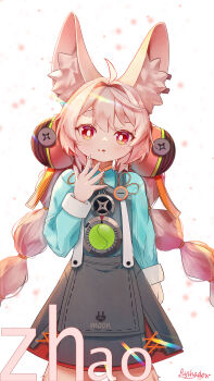 1girl absurdres ahoge animal_ear_fluff animal_ears artist_name black_dress blue_shirt braid character_name commentary_request dress flyshadow hair_intakes hair_ornament hand_up highres long_hair looking_at_viewer pinafore_dress pink_hair rabbit_ears rabbit_girl red_eyes shirt sleeveless sleeveless_dress solo sphere_hair_ornament thick_eyebrows twin_braids very_long_hair zenless_zone_zero zhao_(zenless_zone_zero)