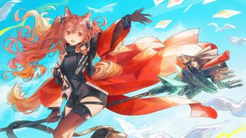 1girl :d absurdres angelina_(arknights) animal_ear_fluff animal_ears arknights arknights:_endfield arm_up bag bare_shoulders black_bag black_dress black_gloves black_thighhighs blue_sky bracelet breasts cloud coat dress elbow_gloves floating_paper fox_ears fox_girl gilberta_(arknights) gloves high_collar highres holding holding_staff impossible_clothes impossible_dress infection_monitor_(arknights) jewelry long_hair long_sleeves looking_at_viewer looking_to_the_side medium_breasts messenger_bag neema_(oneemasan) off_shoulder open_clothes open_coat open_mouth orange_eyes outdoors polaroid_photo red_coat short_dress shoulder_bag sky sleeveless sleeveless_dress smile solo staff staff_riding teeth thighhighs twintails upper_teeth_only wide_sleeves zettai_ryouiki