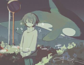 1girl black_eyes blush brown_hair closed_mouth cowboy_shot dolphin fish flower green_pants highres long_sleeves nishijima_fuyuki original outdoors pants ribbed_sweater road_sign short_hair sign solo sparkle sweater turtleneck turtleneck_sweater twitter_username white_sweater