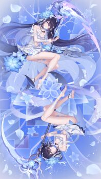 1girl absurdres bare_shoulders barefoot black_hair blue_flower closed_mouth clothing_cutout colored_inner_hair commentary_request dress floating_hair flower hair_flower hair_ornament highres honkai_(series) honkai_impact_3rd long_hair multicolored_hair multiple_views navel official_alternate_costume official_alternate_hair_length official_alternate_hairstyle rinna_(xxrinna) seele_vollerei seele_vollerei_(herrscher_of_rebirth) short_hair smile stomach_cutout two-tone_hair very_long_hair white_dress