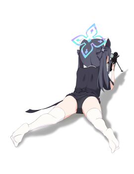 1girl absurdres aiming animal_ear_fluff animal_ears bipod black_dress black_hair blue_archive blunt_bangs china_dress chinese_clothes dress facing_away female_focus from_behind full_body gun hair_ribbon halo highres holding holding_weapon loli lying on_stomach ribbon rifle scope short_sleeves shun_(blue_archive) shun_(small)_(blue_archive) simple_background sniper sniper_rifle solo thighhighs tiger_ears tiger_girl two_side_up weapon white_thighhighs