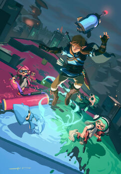 2girls 3boys black_gloves blonde_hair blue_eyes boots commentary dualie_squelchers_(splatoon) e-liter_4k_(splatoon) english_commentary gloves goggles green_hair highres in-universe_location ink inkling inkling_boy inkling_girl inkling_player_character jumping link long_hair midair multiple_boys multiple_girls nintendo octoling octoling_girl octoling_player_character one_eye_closed open_mouth outdoors pink_hair pointy_ears signature splat_roller_(splatoon) splatoon_(series) splatoon_3 splattershot_(splatoon) stanton_feng sword the_legend_of_zelda the_legend_of_zelda:_breath_of_the_wild weapon