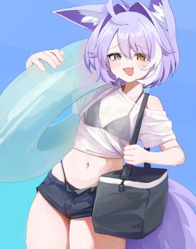 1girl absurdres animal_ear_fluff animal_ears aqua_eyes bag bikini bikini_under_clothes black_bikini breasts bright_pupils collarbone commentary_request cowboy_shot crop_top cropped_shirt day denim denim_shorts donggang17 fang hair_between_eyes heterochromia highres holding holding_swim_ring innertube korean_commentary light_blush long_bangs looking_at_viewer micro_shorts midriff multicolored_hair navel off-shoulder_shirt off_shoulder open_clothes open_fly open_mouth open_shorts outdoors parted_bangs pink_pupils purple_hair see-through_clothes see-through_shirt shirt short_hair shorts shoulder_bag skin_fang small_breasts smile solo standing stellive streaked_hair string_bikini swim_ring swimsuit tenko_shibuki virtual_youtuber white_shirt yellow_eyes