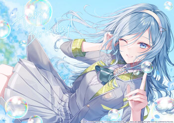 Rule 34 | 1girl, blue eyes, blue flower, blue hair, blurry, blurry background, blush, breast pocket, breasts, bubble, collared shirt, colored lapels, commentary request, copyright notice, cowboy shot, day, depth of field, dot nose, english text, floating hair, flower, flower request, grey jacket, grey skirt, grey vest, guest art, hair between eyes, hair ornament, hairband, hands up, happy birthday, highres, hinomori shizuku, index finger raised, itsuka hanasaku stage e (project sekai), jacket, korean commentary, lapels, long hair, looking at viewer, mole, mole under mouth, notched lapels, official alternate costume, official art, one eye closed, open clothes, open jacket, outdoors, parted lips, plaid clothes, plaid lapels, pleated skirt, pocket, project sekai, second-party source, shirt, sidelocks, signature, skirt, sleeves rolled up, small breasts, smile, solo, taya oco, tsurime, tucking hair, vest, white hairband, white shirt, wing hair ornament