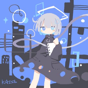 Rule 34 | 1girl, @ @, abstract, abstract background, blue background, blush, building, closed mouth, colo (frypan soul), dot mouth, geometry, grey hair, heterochromia, highres, holding, holding notepad, looking at viewer, math, notepad, original, raincoat, shapes, signature, standing, torn clothes