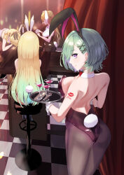 Rule 34 | absurdres, aizawa ema, animal ears, arm tattoo, ass, back, backless outfit, bar (place), bare back, bare shoulders, black headband, black leotard, black pantyhose, blonde hair, bow, bowtie, breasts, checkered floor, counter, cup, detached collar, drink, drinking glass, ear piercing, green hair, hair ornament, headband, highleg, highleg leotard, highres, holding, holding tray, leotard, light smile, long hair, looking at viewer, looking back, medium breasts, multicolored hair, multiple girls, pantyhose, piercing, playboy bunny, purple eyes, qmiopx, rabbit ears, rabbit tail, red bow, red bowtie, short hair, tail, tattoo, tray, virtual youtuber, vspo!, wrist cuffs, yakumo beni