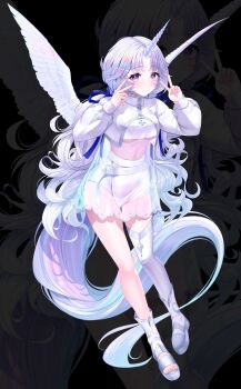 1girl absurdres ayatsuno_yuni black_background blush breasts closed_mouth cropped_jacket double_v feathered_wings full_body hands_up highres horns horse_tail jacket korean_commentary long_hair long_sleeves looking_at_viewer medium_breasts multicolored_hair navel puffy_long_sleeves puffy_sleeves purple_eyes see-through_clothes shirt simple_background single_horn single_thighhigh skirt smile solo stellive tail thighhighs unicorn v very_long_hair virtual_youtuber white_hair white_jacket white_thighhighs white_wings wings yeondo