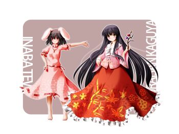 Rule 34 | 2girls, animal ears, arm up, barefoot, black hair, blush, bow, bow button, branch, brown eyes, carrot necklace, character name, closed mouth, commentary request, dress, feet, floral print, floral print dress, floral print skirt, frilled shirt collar, frilled skirt, frills, full body, hand on own chest, hand up, highres, holding, holding branch, houraisan kaguya, inaba tewi, jeweled branch of hourai, jewelry, kii (mahoraba), long hair, long skirt, long sleeves, looking at viewer, multiple girls, necklace, outline, outstretched arm, pink dress, pink pupils, pink shirt, print dress, print skirt, rabbit ears, red eyes, red ribbon, red skirt, ribbon, ribbon-trimmed sleeves, ribbon trim, shirt, short hair, short sleeves, skirt, sleeve ribbon, smile, standing, touhou, very long hair, white background, white bow, white outline, wide sleeves