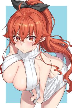 1girl absurdres ahoge black_bow blush bow breasts cleavage cleavage_cutout clothing_cutout crossed_bangs dress dress_tug eris_greyrat hair_between_eyes hair_up highres large_breasts long_hair looking_at_viewer marbo_(saico556) mushoku_tensei ponytail red_eyes red_hair solo sweatdrop sweater sweater_dress turtleneck turtleneck_sweater virgin_killer_sweater
